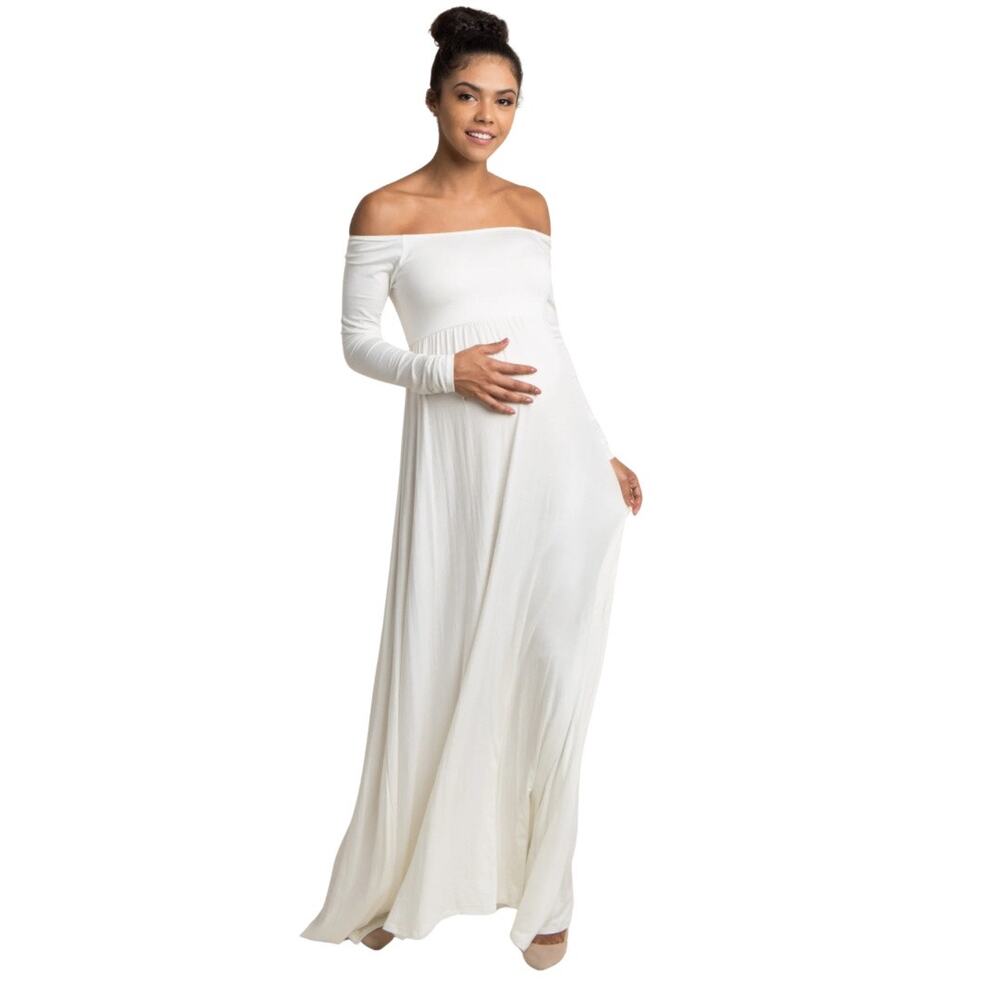 Pinkblush Women's Maternity Maxi Dress Off Shoulder Long Sleeve Off White Large